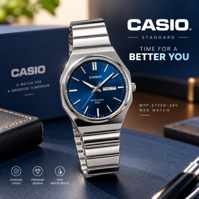 Casio Standard Blue Dial Men's Watch (MTP-E735D-2AV) – Quartz Analog Movement, 5 Bar Water Resistant, Stainless Steel Case & Matching Blue Stainless Steel Band with One-Touch 3-Fold Clasp